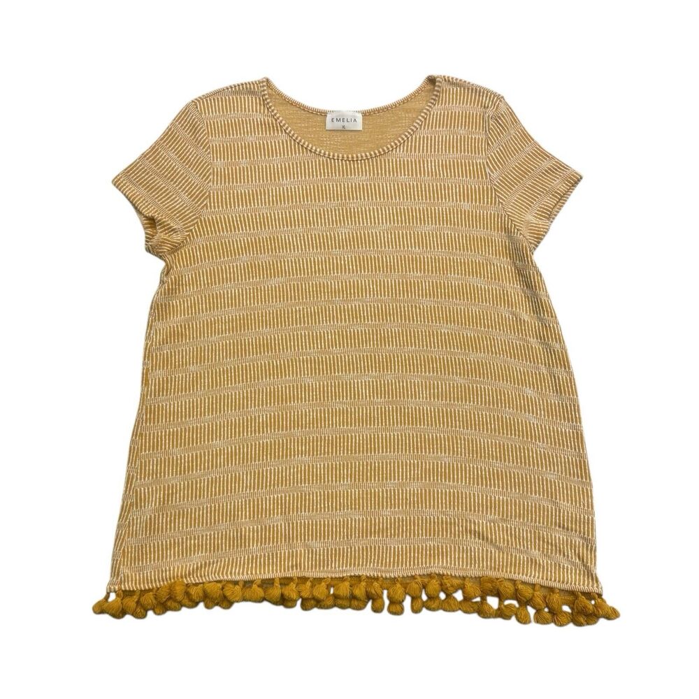 Emelia Shirt Womens XL Yellow White Striped Tassels Short Sleeve Round Neck